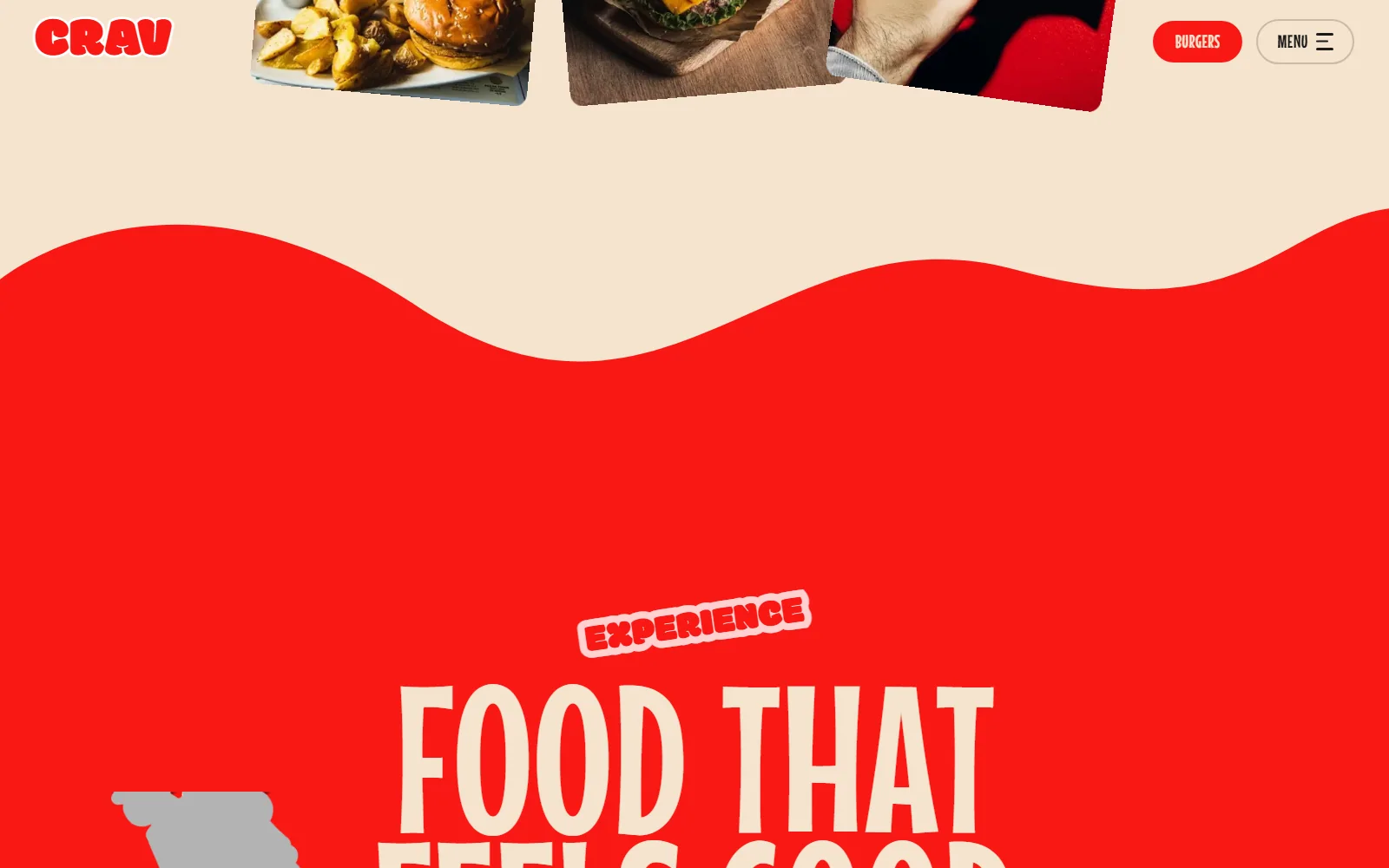CRAV editorial brand section combining bold type and restaurant imagery