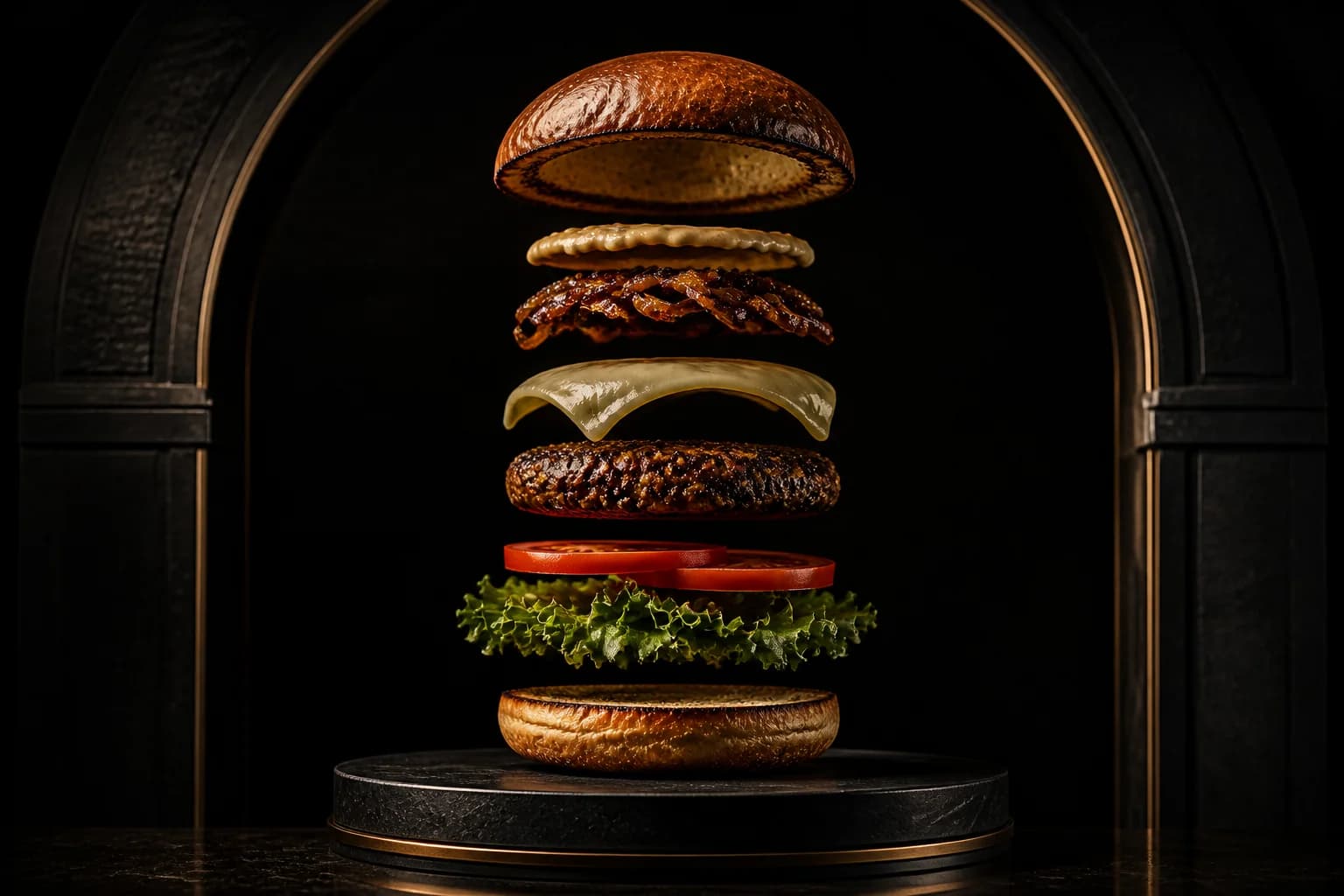 Deconstructed burger assembly in black and gold created as Zen's Den editorial artwork
